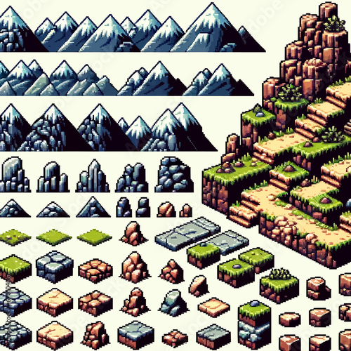 8-Bit RPG-Themed Mountainous Region Sprite Sheet