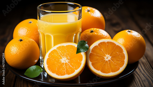 Vibrant orange juice in a clear glass nestled among fresh  dew-kissed oranges with lustrous leaves on a dark wooden table