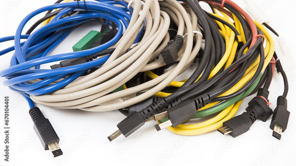 Close-up of network cables in a pile. Selective focus. Cables and connectors isolated on white background. Close-up. Close-up of network cables in a pile. Selective focus. Cables and connectors isolated on white background. Close-up.