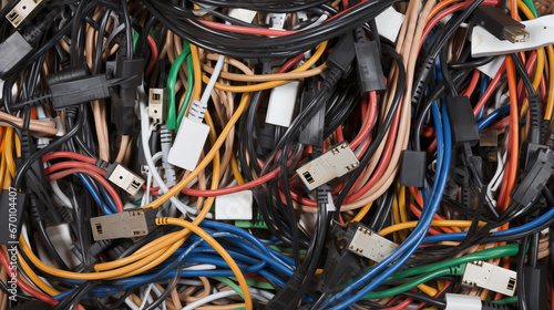 Close-up of network cables in a pile. Selective focus. Cables and connectors isolated on white background. Close-up.