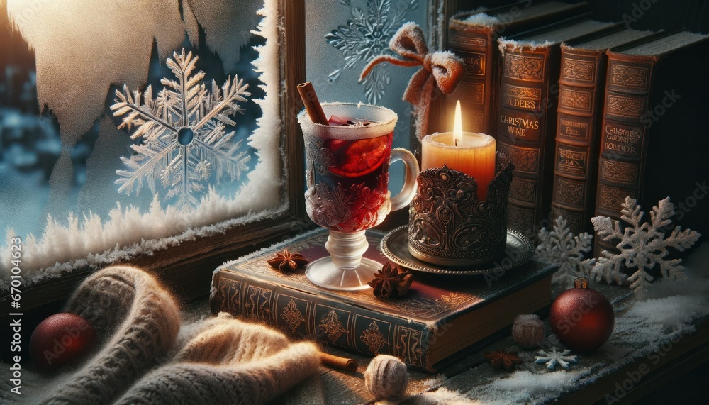 Winter windowsill with frost patterns on the glass, lit candle in ornate holder, stack of vintage Christmas books, and mulled wine with cinnamon.