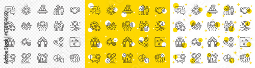 Business strategy, handshake and people collaboration. Employees benefits line icons. Teamwork, social responsibility, people relationship icons. Growth chart, employees benefits. Vector