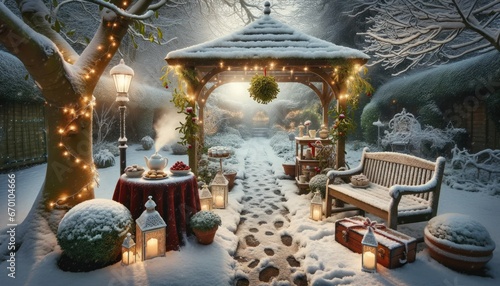 Snow-covered garden, path to gazebo with fairy lights, mistletoe, table with mince pies, steaming teapot in cold.