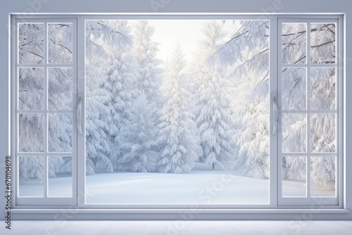 The view from the window is of a snowy winter landscape, the trees are covered with snow. Christmas card.