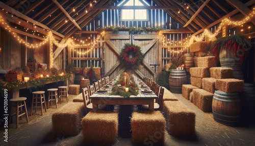 Rustic barn transformed into Christmas wonderland, hay bales for seating, long wooden table for festive meal, fairy lights overhead, twig and berry wreath on barn door.