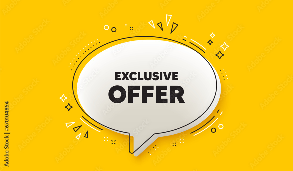 Exclusive offer tag. 3d speech bubble yellow banner. Sale price sign. Advertising discounts symbol. Exclusive offer chat speech bubble message. Talk box infographics. Vector