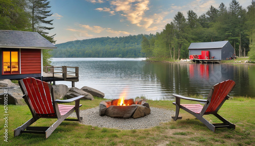 lakeside serenity adirondack chairs and fire pit with modern cabins by the lake photo