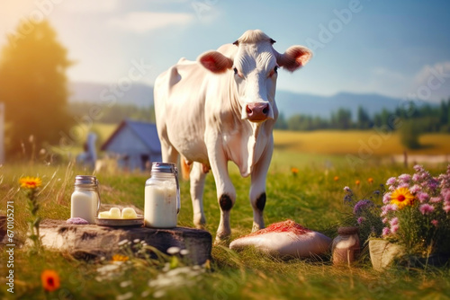 Cow grazing in a meadow next to glass jars of milk