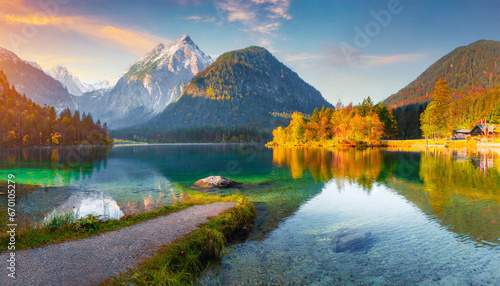 amazing autumn sunrise of hintersee lake picturesque morning view of bavarian alps on the austrian border germany europe beauty of nature concept background photo