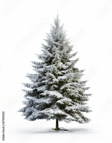 A snow-covered pine tree on a white background