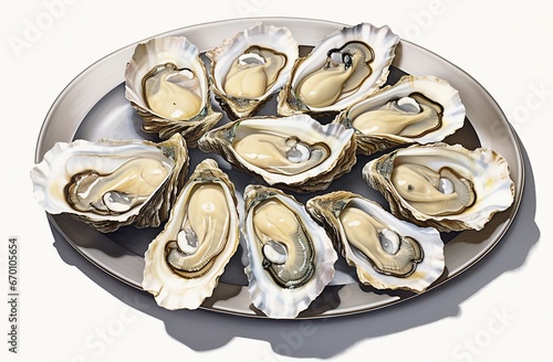 A plate of fresh oysters on a clean white background
