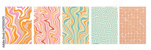 Groovy carnival background set, vector retro wave funky pattern kit, abstract psychedelic ray. Liquid pastel fun poster, swirl y2k pop texture, trippy vintage collection. Groovy geometry background