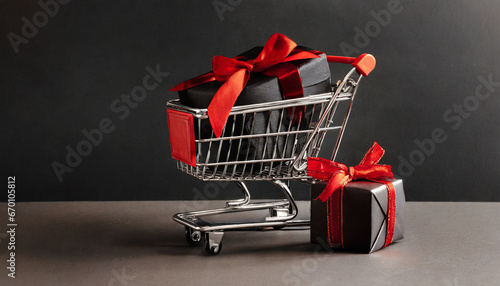 gift box with ribbon shopping cart black friday cyber monday