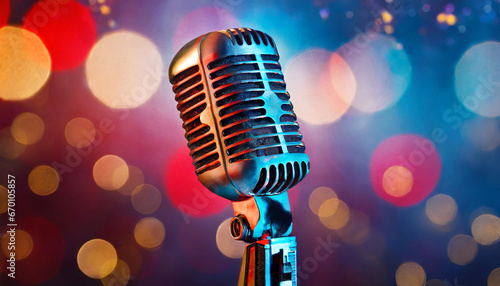vintage microphone on a stage with lights in bokeh background in red and blue