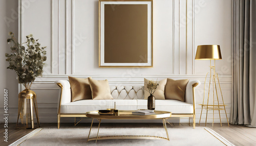 blank picture frame on a wall for showcasing art in an elegant and luxury all white living room with gold accents photo