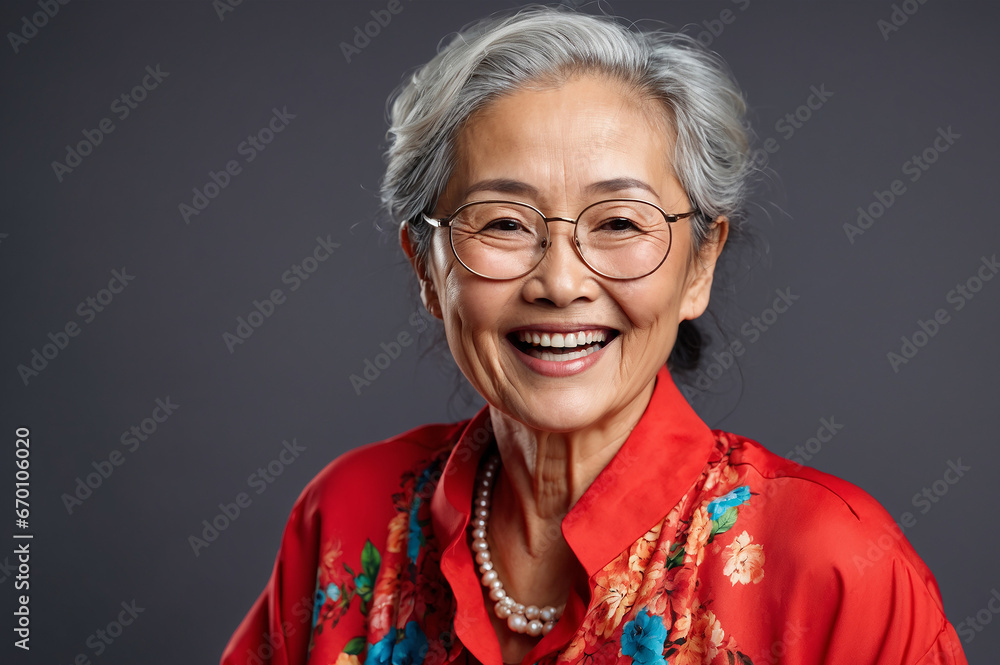 Portrait of happy senior asian woman in red blouse and glasses Portrait of happy senior asian woman in red blouse and glasses