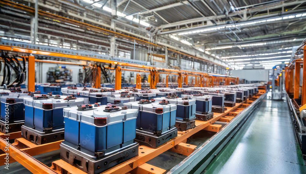 mass production assembly line of electric car battery cells in a busy factory - obrazy, fototapety, plakaty 