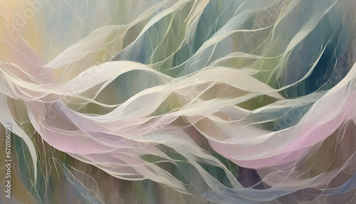 the wind in the willows abstract impressionism smooth wavy segments made of gossamer silk intricate details 8k harmonious waves vibrant pastel color gradient in the style of layered translucency photo