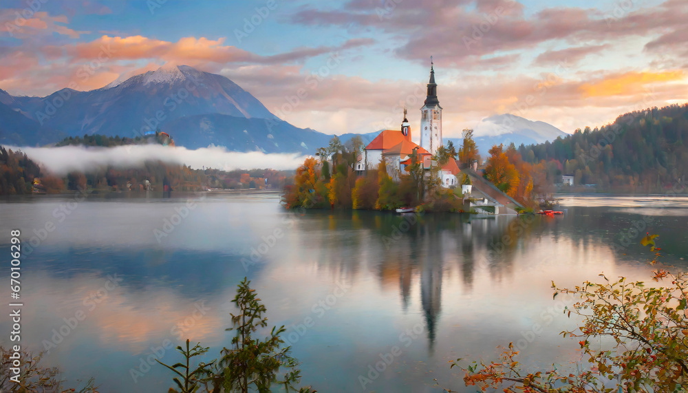 attractive morning view of pilgrimage church of assumption of maria impressive autumn scene of bled lake julian alps slovenia europe traveling concept background - obrazy, fototapety, plakaty 