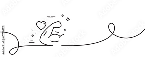 Strong arm line icon. Continuous one line with curl. Strength muscle sign. Gym fit training symbol. Strong arm single outline ribbon. Loop curve pattern. Vector