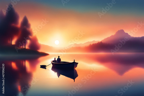 Foggy morning on the lake. Landscape with a fisherman in a boat. Generative AI © Photo Wall
