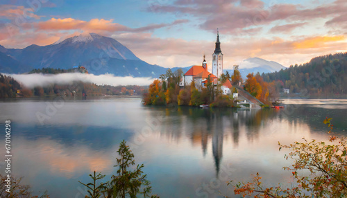 attractive morning view of pilgrimage church of assumption of maria impressive autumn scene of bled lake julian alps slovenia europe traveling concept background