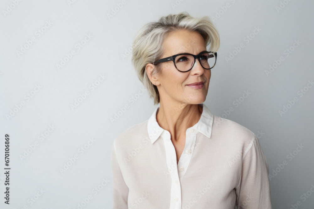 Portrait of beautiful young business woman with eyeglasses on grey background.