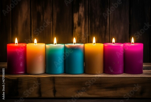 A vibrant display of candles on a rustic wooden table