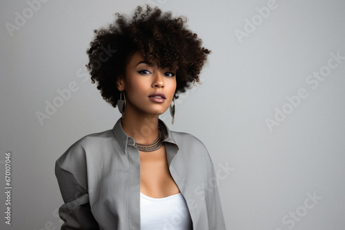 Portrait of beautiful young african american woman with curly hair.