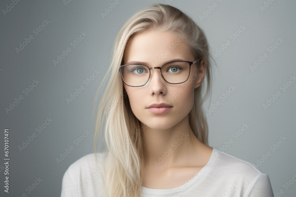 Portrait of a beautiful young woman with blond hair and blue eyes.