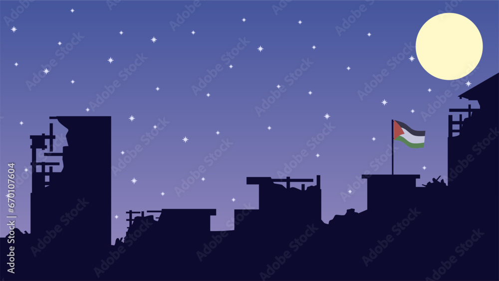 Palestine landscape vector illustration. Silhouette of destroyed city in the night with palestine flag. Palestine illustration for background, wallpaper, issue and conflict