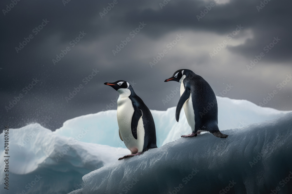 Fototapeta premium Penguins in the polar regions - Generative AI 
