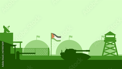 Military palestine landscape vector illustration. Silhouette of military base with tank and palestine flag. Palestine illustration for background, wallpaper, issue and conflict