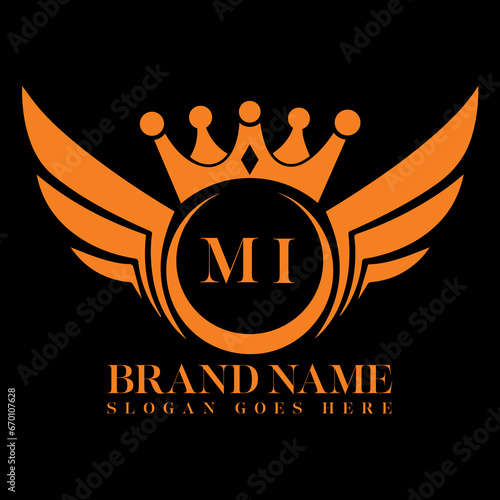 MI Letter Initial with Royal Luxury Logo and Wings Symbol. Wings design element, initial Letter logo Icon, Initial Logo Template design.	
