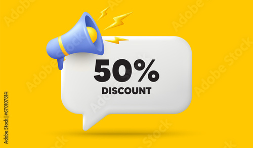 50 percent discount tag. 3d speech bubble banner with megaphone. Sale offer price sign. Special offer symbol. Discount chat speech message. 3d offer talk box. Vector