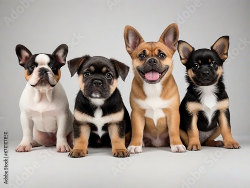 Cachorros de distintas razas sentados sobre fondo blanco 