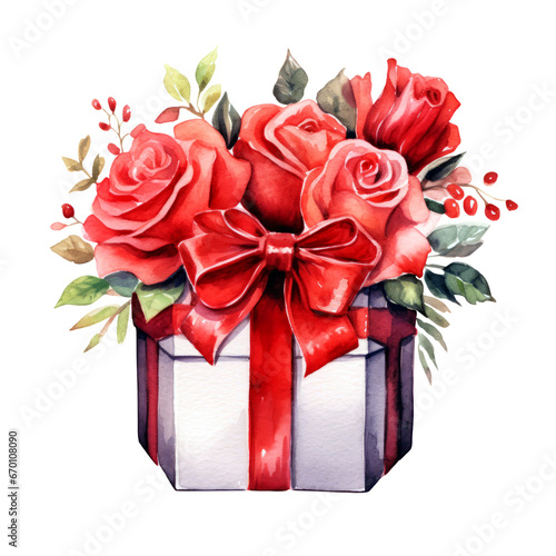 Gift box with red rose flowers and leaves with bow Watercolor Clipart isolated on Transparent Background