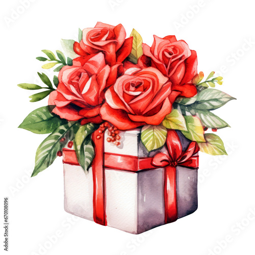 Gift box with red rose flowers and leaves with bow Watercolor Clipart isolated on Transparent Background