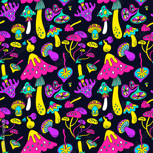 Acid mushrooms seamless pattern. Psychedelic fungi. Colorful hallucinogenic plants. Hippie style print. Shamanic toadstools. Bright grebes. Groovy crazy element. Garish vector background