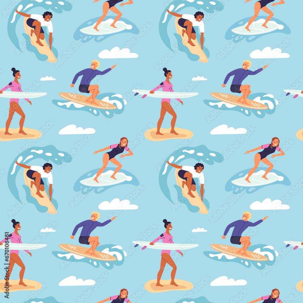 Cartoon surfers seamless pattern. Happy people dissect sea waves on boards. Summer vacation. Beach extreme sport athletes with surfboards. Surfing men and women. Garish vector background