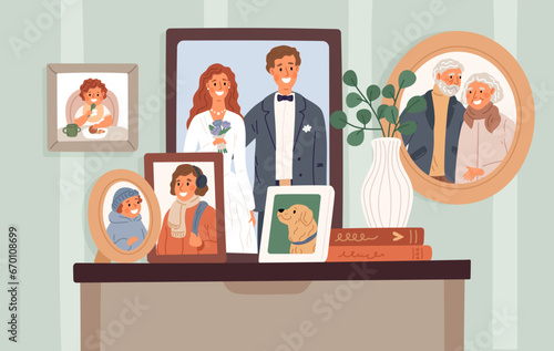 Family photos located on drawers chest. Framed portraits with happy parents, grandparents and kids. Relatives generations. Home interior. Wedding photographs. Garish vector concept