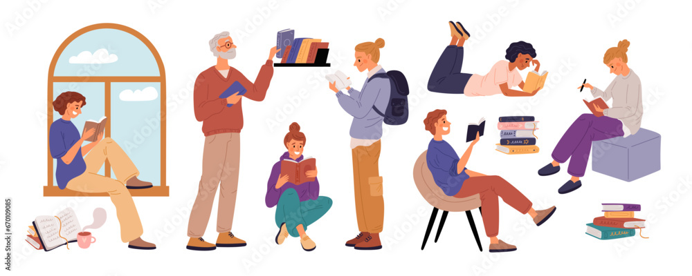 People read books. Students with literature volumes in hands. Readers in library. School education. Smart children learning textbooks and preparing for examination. Garish vector set People read books. Students with literature volumes in hands. Readers in library. School education. Smart children learning textbooks and preparing for examination. Garish vector set