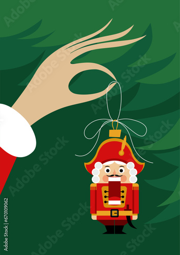 Christmas illustration. The woman decorates a Christmas tree with nutcracker ornament