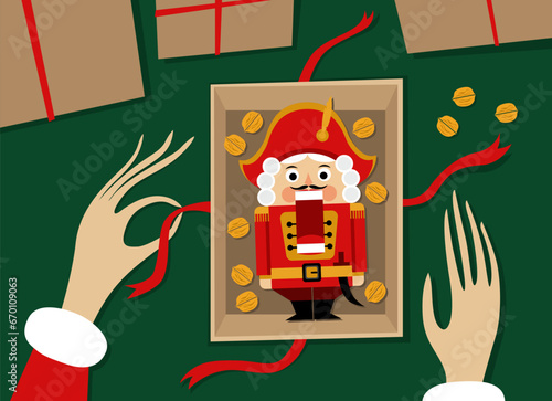 Christmas illustration of the nutcracker in the gift box