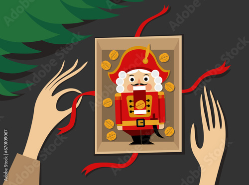 Christmas illustration of the unpacking gift box with the cute nutcracker