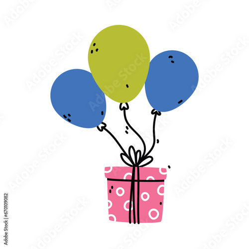 Gift Box Wrapped Flying with Colorful Balloon Vector Illustration