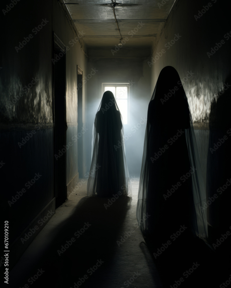 Generative ai scary scene with spooky ghosty figures in an abandoned building hallway
