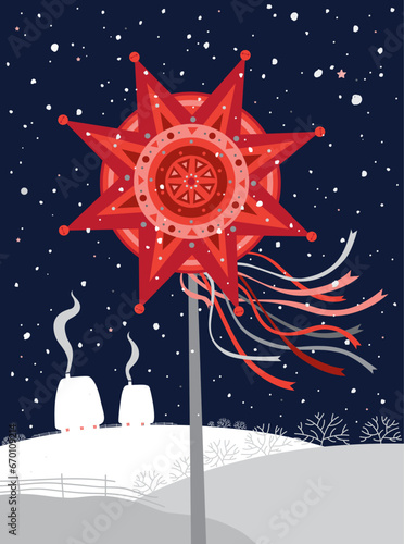 Christmas carol. Illustration of the decorative Christmas star of Bethlehem on the winter rural landscape background