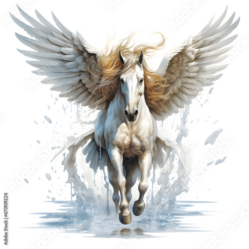 The image depicts a pegasus, a mythical creature from ancient Greek mythology, with angel wings and the head of a horse. The pegasus is in motion, galloping 