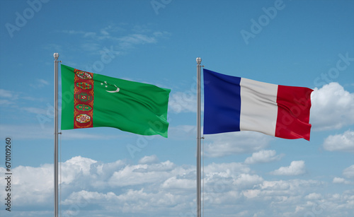 Turkmenistan and France flags, country relationship concept